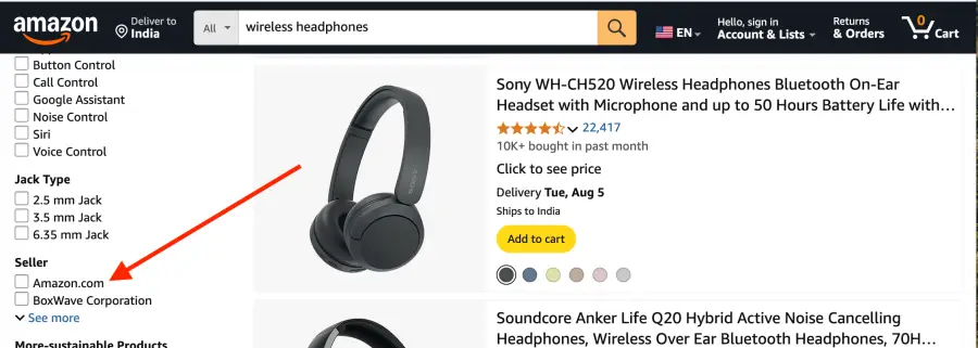 how to select products only sold by amazon on amazon